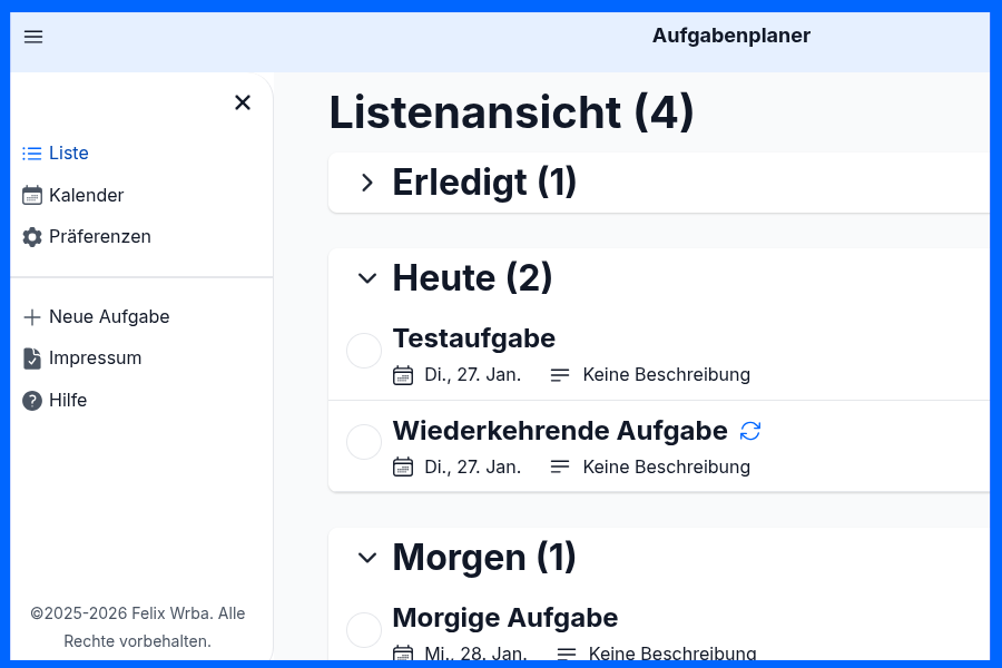 Bildschirmaufnahme von dem einfach zu bedienenden Dashboard der kostenlosen To-do App.